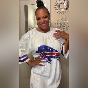 Sale‼️Buffalo Bills sequin dress. White Sequin T-Shirt with Blue and Red Buffalo